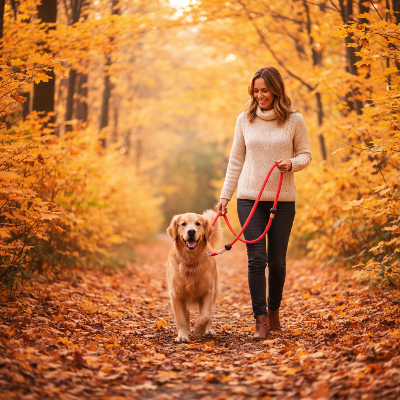 Laisse chien - harnais collier-Chien en promenade automnale avec laisse rouge