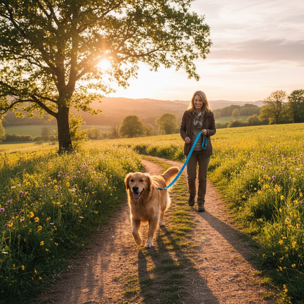 Chien golden retriever en promenade avec laisse bleue