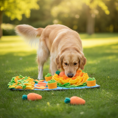 Chien joue avec tapis de fouille et jouets carottes