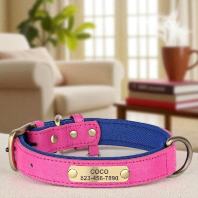 collier-pour-chien-personnalise-en-cuir-rose-fonce-bleu-fonce