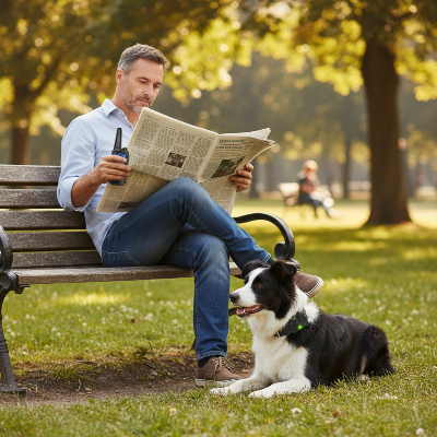 collier anti aboiement chien- télécommande-Bleu - homme détendu au parc, chien calme sans aboyer