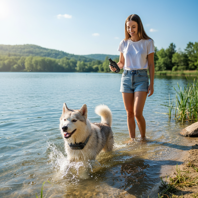 collier pour chien de dressage - télécommande 1000m-Dressage - Husky qui nage, collier waterproof IP67