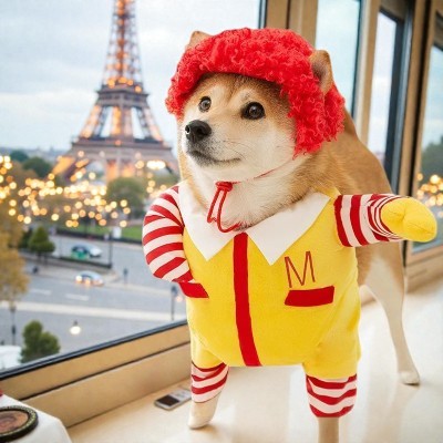 costume-d'halloween-pour chien- Mcdonald-chien-porte-costume-pres-fenetre