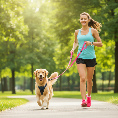 double laisse pour chien -  multi usages-laisse rose - jeune femme qui court avec Golden Retriever