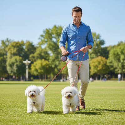 double laisse pour chien - rétractable-Deux Bichons - homme au parc