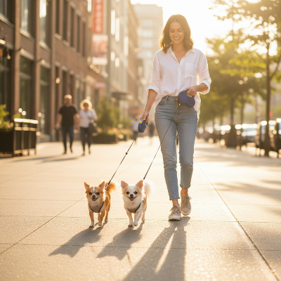 double laisse pour chien - rétractable-Deux Chihuahuas - femme en ville