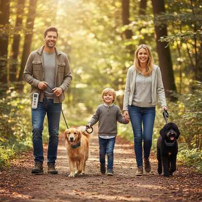 Famille avec deux chiens en forêt