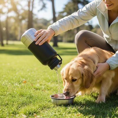 Gourde pour chien - maîtresse donne eau au chien