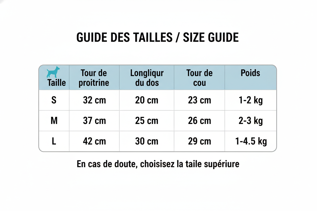 Guide des tailles pour manteau de chien