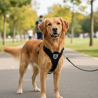 Harnais chien-portant-harnais-noir-ballade-chien-content