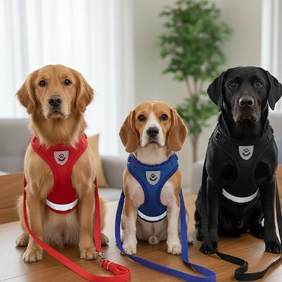 Harnais chien-trois-chiens-portant-harnais-bleu-rouge-noir