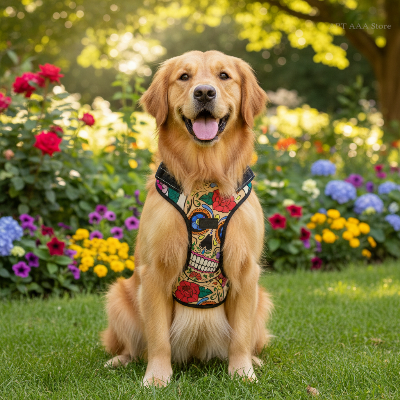 harnais Y  - tete squelette fleurs-Chien harnais squelette jardin