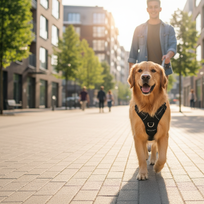 harnais anti-traction  chien - réfléchissant et rembourré-Chien avec maître en promenade