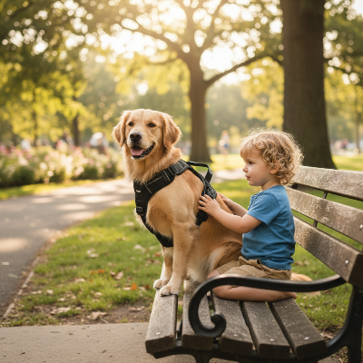 harnais anti-traction  chien - réfléchissant et rembourré-Chien noir avec enfant