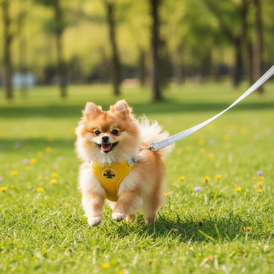 harnais chien - doux-Poméranien jaune parc