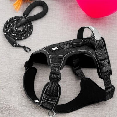 harnais chien  balistique tactique –protection et style militaire-noir-avec-laisse
