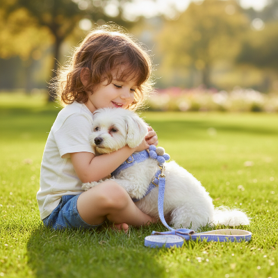 harnais pour chien- coquet-Enfant avec chien – harnais bleu