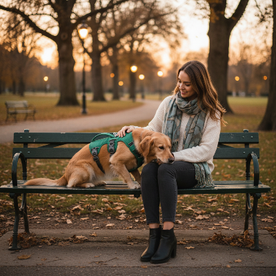 harnais pour chien - léger respirant confort-Femme au parc au crépuscule – harnais vert
