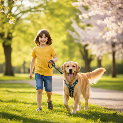 harnais pour chien - motifs fleuris-Enfant et chien avec harnais