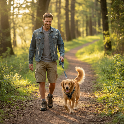 harnais pour chien - motifs fleuris-Homme et chien avec harnais