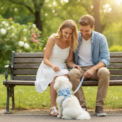 harnais pour chien - nœud papillon-Couple au parc - harnais bleu