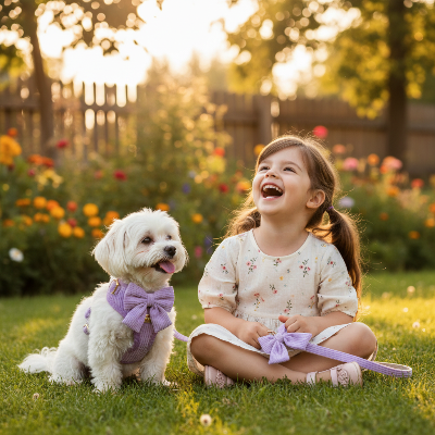 harnais pour chien - nœud papillon-Enfant au jardin - harnais violet