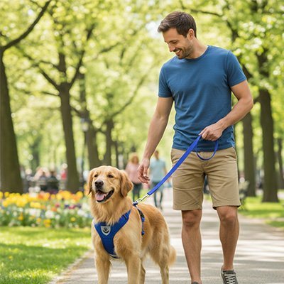 harnais  pour chien - sécurite et confort-se-promene-avec-son-maitre-avec-son-harnais-bleu