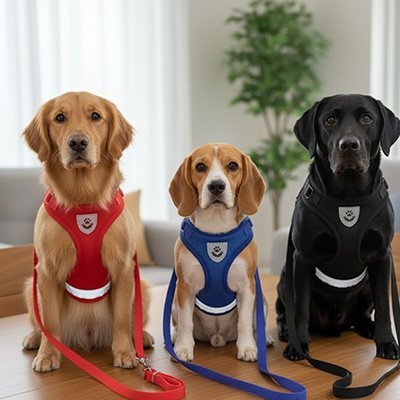 harnais  pour chien - sécurite et confort-trois-chiens-portant-harnais-bleu-rouge-noir