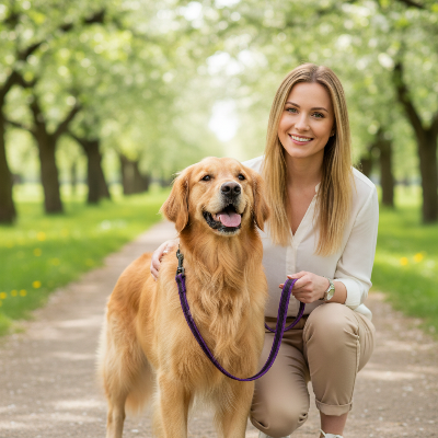 Laisse chien - latex soie-Image vedette - Chien élégant avec laisse mauve