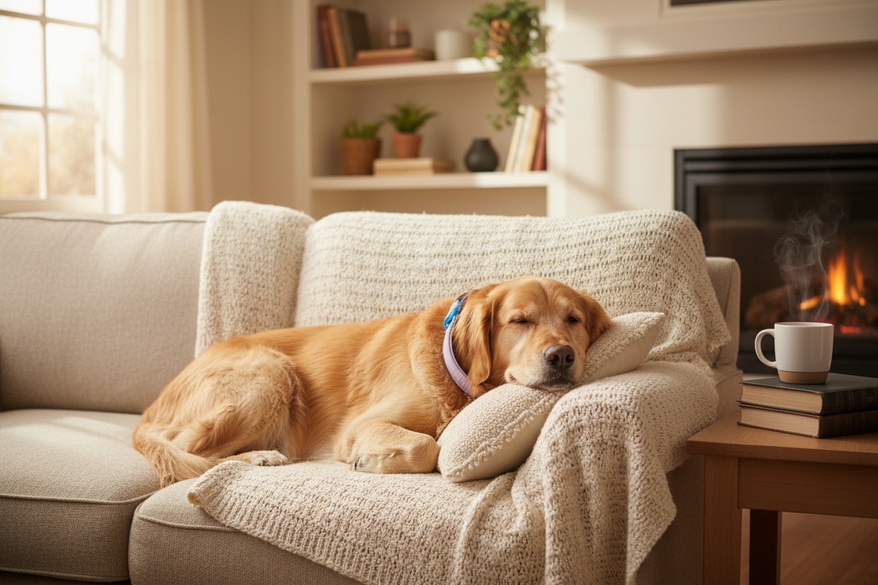Chien détendu avec collier apaisant