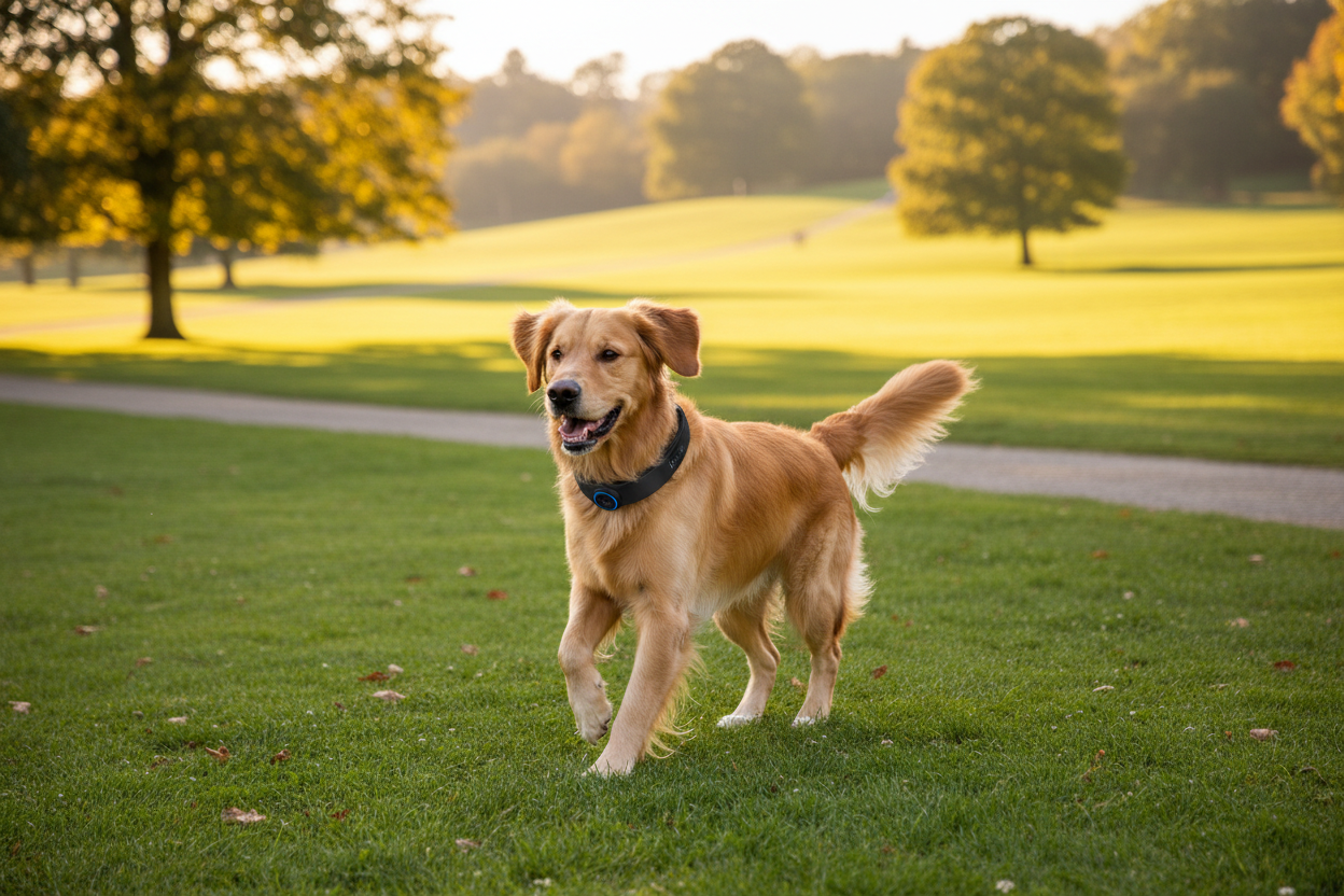 Chien avec collier GPS en promenade