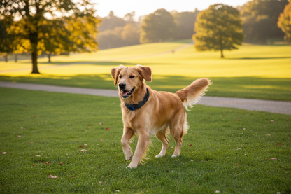 Chien avec collier GPS en promenade