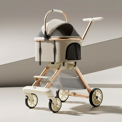 Poussette pour chiens de luxe 3-en-1 couleur blanc cassé avec 4 roues