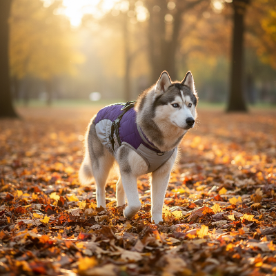 imperméable chien - pour gros avec harnais chauds d'hiver-Manteau mauve - Husky en promenade automnale
