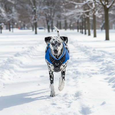 imperméable pour chien - avec harnais chauds d'hiver-manteau bleu - Dalmatien dans la neige