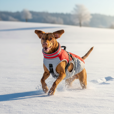 imperméable pour chien - avec harnais chauds d'hiver-Manteau rouge - Vizsla dans la neige