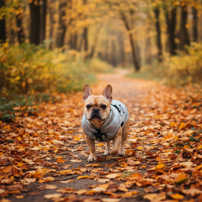 imperméable  pour chien - doublure chaude en velours-manteau gris irisé - Bouledogue Français en automne