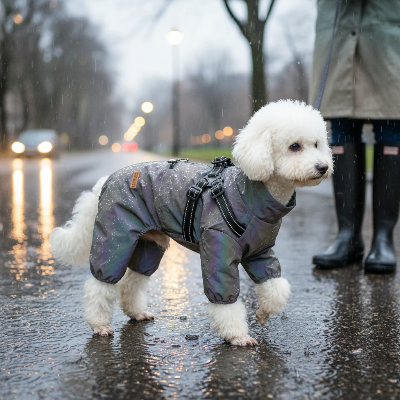imperméable pour chien -  salopette pour petits chiens-Salopette gris pâle - Bichon en ville -sous la pluie