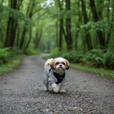 imperméable pour chien -  salopette pour petits chiens-Salopette gris pâle - Shih Tzu en forêt sous la pluie