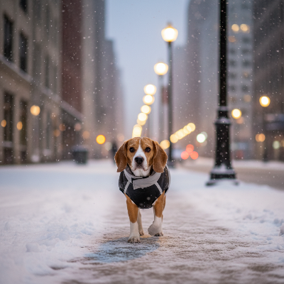 imperméable pour chien - vêtements chauds d'hiver pour petits et moyens chiens-Manteau gris - Beagle en ville sous la neige