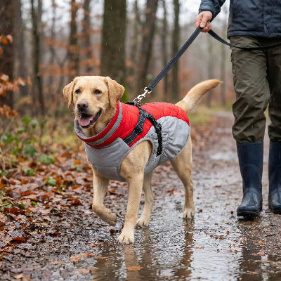 imperméable pour chien - avec harnais chauds d'hiver-rouge_chien_le_porte_en_fessant_sa_promenade_avec_son_maitre_a_la_pluie