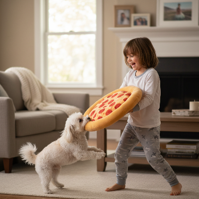 jouet-pour-chien-pizza-pepperoni-fromage-enfant-joue-avec-chien-salon