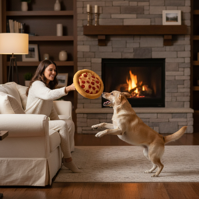 jouet-pour-chien-pizza-pepperoni-fromage-maitresse-joue-avec-chien-assis-devant-foyer-salon