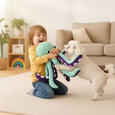 jouet chien - pieuvre en peluche-Enfant et chien avec pieuvre peluche