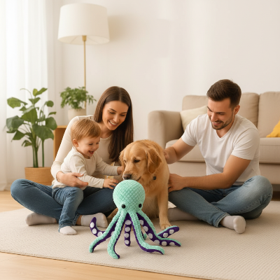 jouet chien - pieuvre en peluche-Famille avec chien et pieuvre