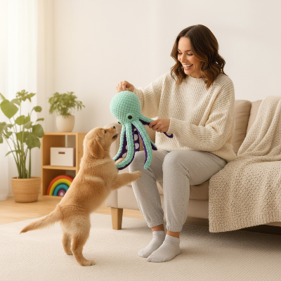 jouet chien - pieuvre en peluche-Femme et chien avec pieuvre peluche