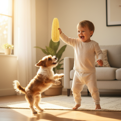 jouet chien - épis de mais-Enfant et chien avec jouet maïs