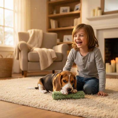 jouet chien -brosse à dents hygiène dentaire-enfant-joue-avec-son-chien-regarde-rit