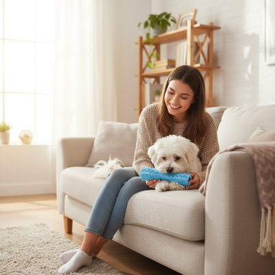 jouet chien -brosse à dents hygiène dentaire-femme-assis-sur-fauteuil-avec-son-chien-machouillent-son-jouet-bleu