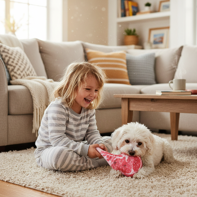 jouet chien indestructible - mâcheXtreme steak-chien-joue-avec-enfant-au-salon